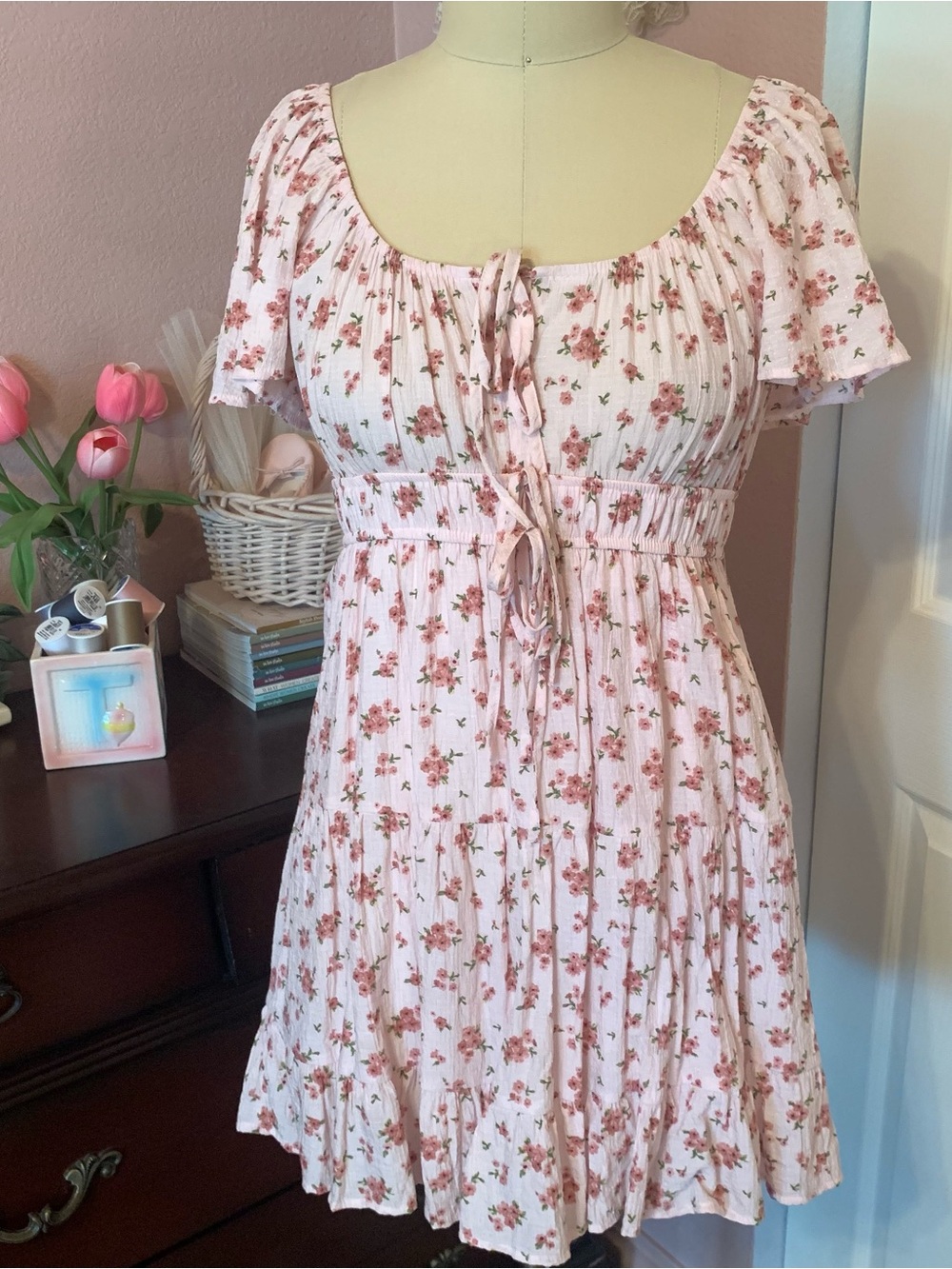 BLU PEPPER Floral Peasant Front Tie Mini Dress